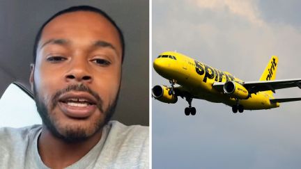 man shares what he sees airline worker doing (l) Spirits airlines (r)