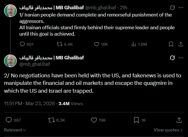 mb_ghalibaf of Iran posts that no ceasefire talks with the US were conducted