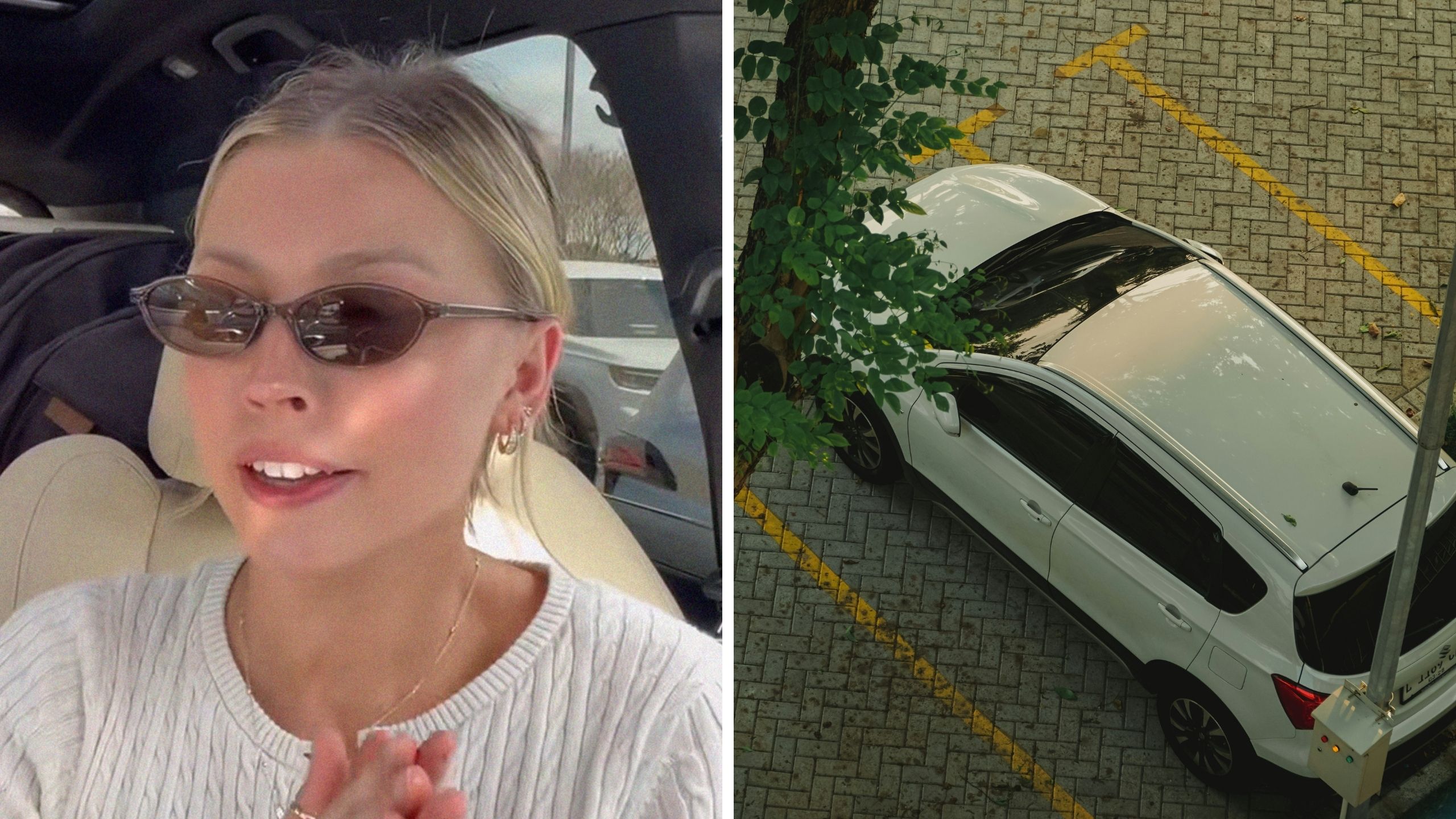 woman shares parking lot experience (l) car parked bad (r)