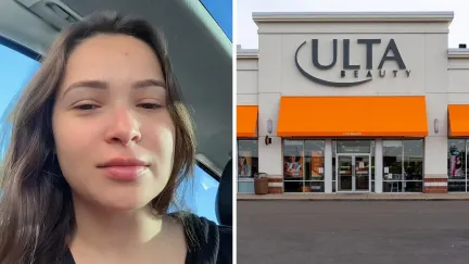 woman shares Ulta experience (l) Ulta storefront (r)