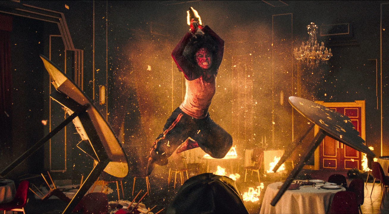 girl flying with an ax