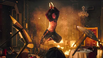 girl flying with an ax