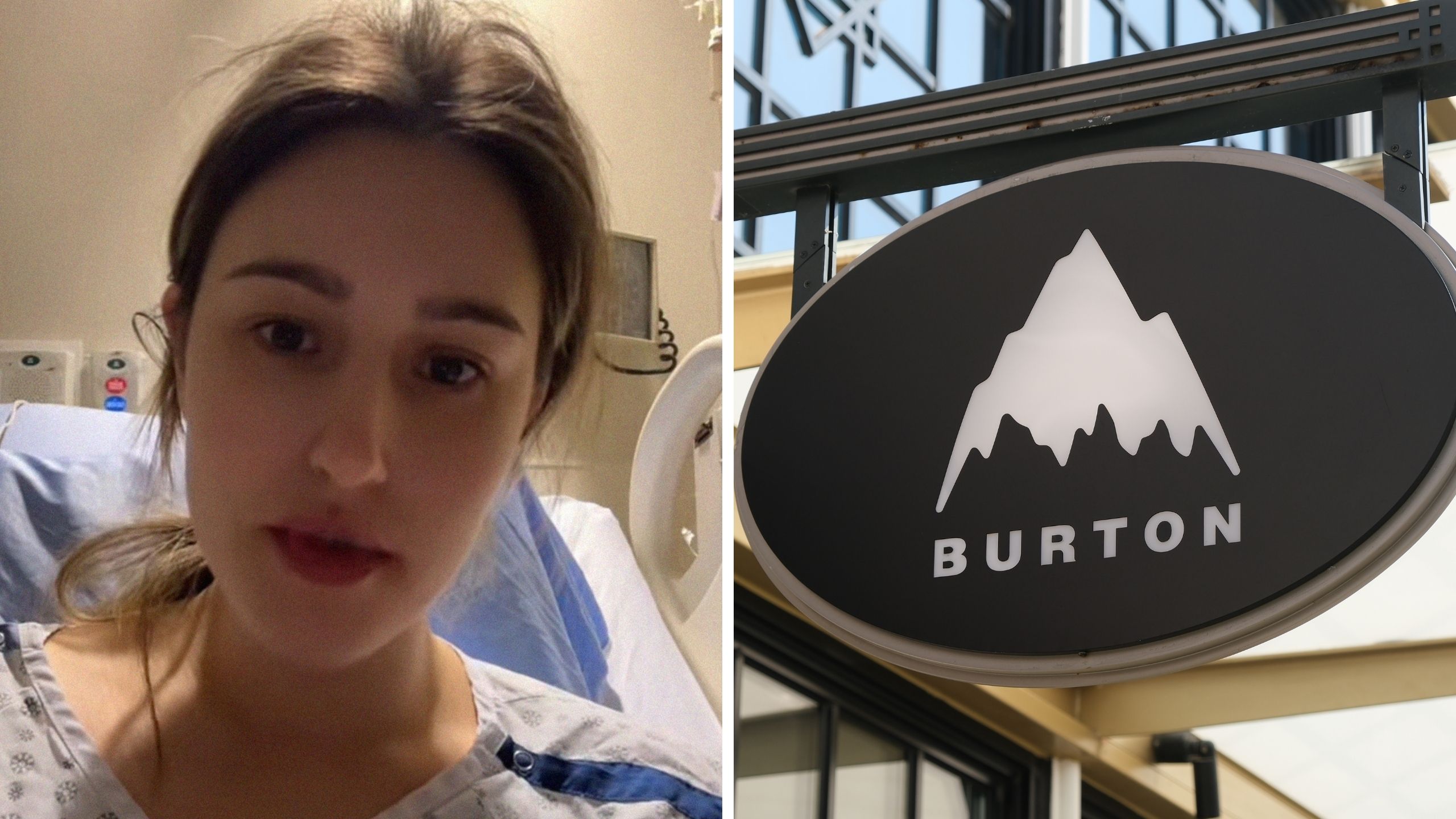 woman shares snowboarding boots issue (l) Burton storefront (r)