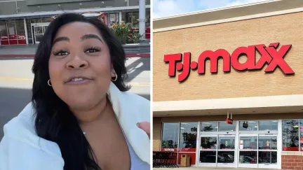 woman shares a day of shopping (l) T.J. Maxx storefront (r)