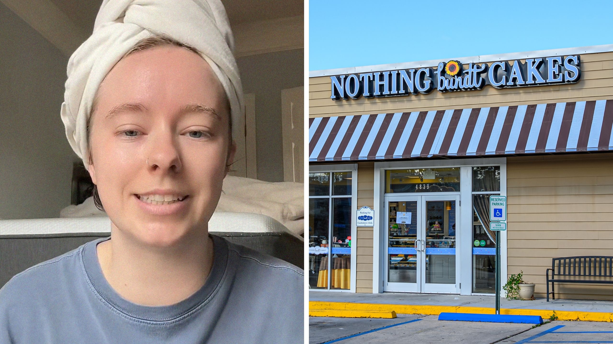 woman talks about her former job (l) Nothing Bundt Cake storefront (r)