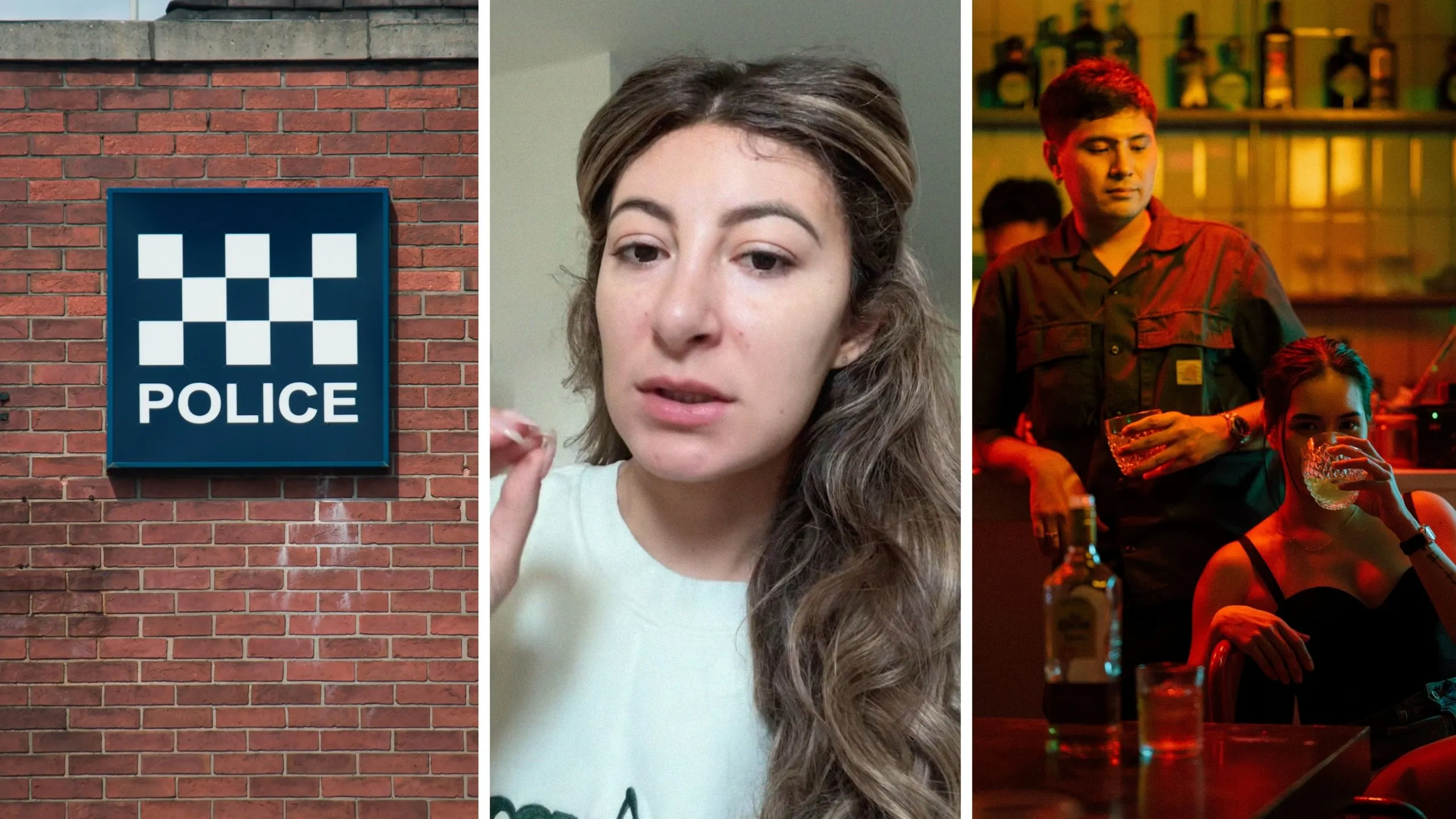 police station (l) woman shares first date experience (c) woman goes on first date (r)