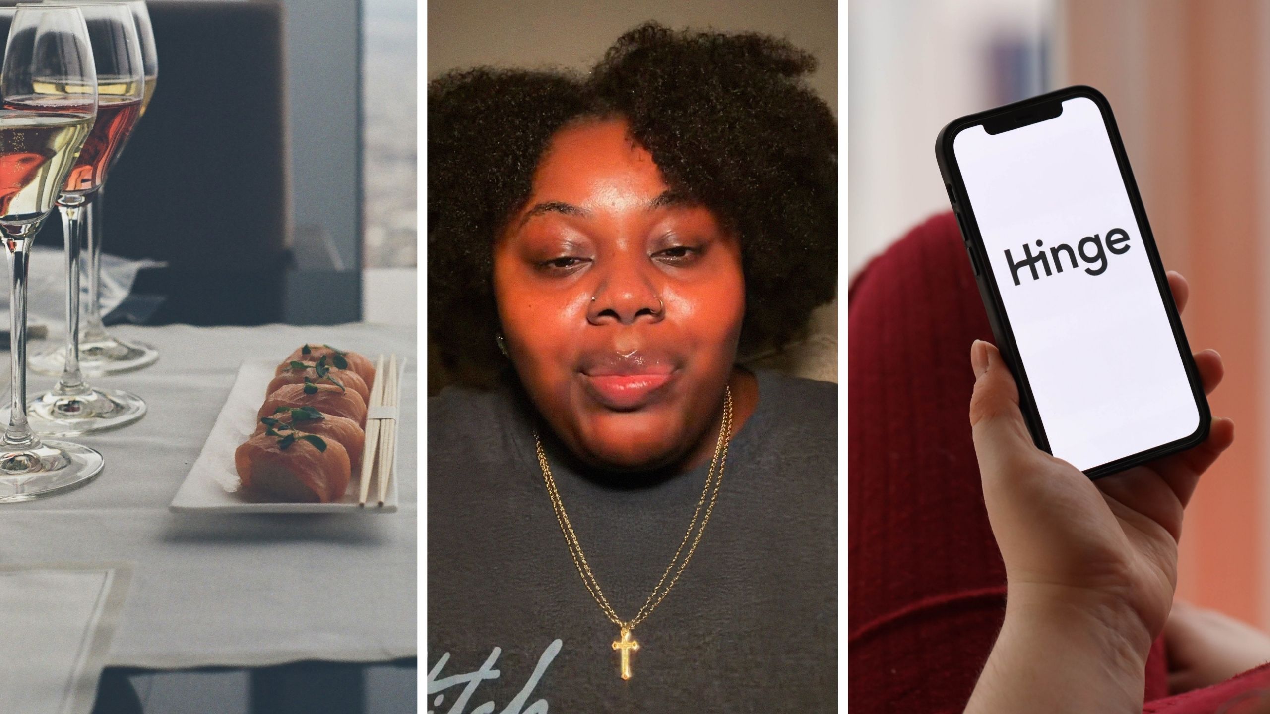 sushi dinner date (l) woman shares date experience (c) hinge app (r)