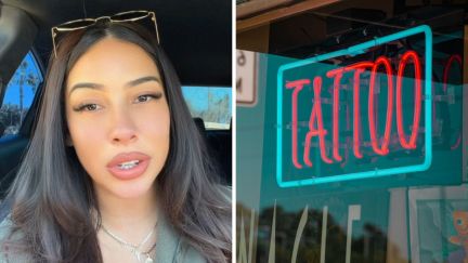 woman shares weird tattoo artist experience (l) Tattoo shop entrance (r)