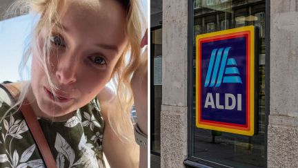 woman shares Aldi experience (l) Aldi storefront (r)