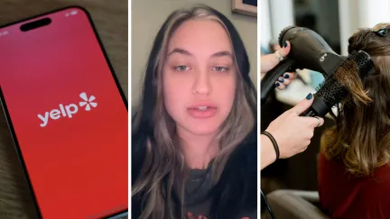 yelp app (l) woman shares hair salon issue (c) woman getting her hair done at salon (r)