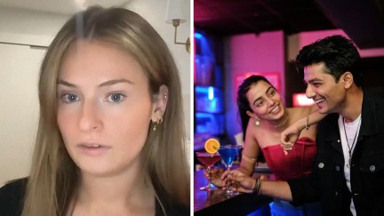 woman shares internet encounter about a man she hooked up with (l) man and woman being flirty at the bar (r)
