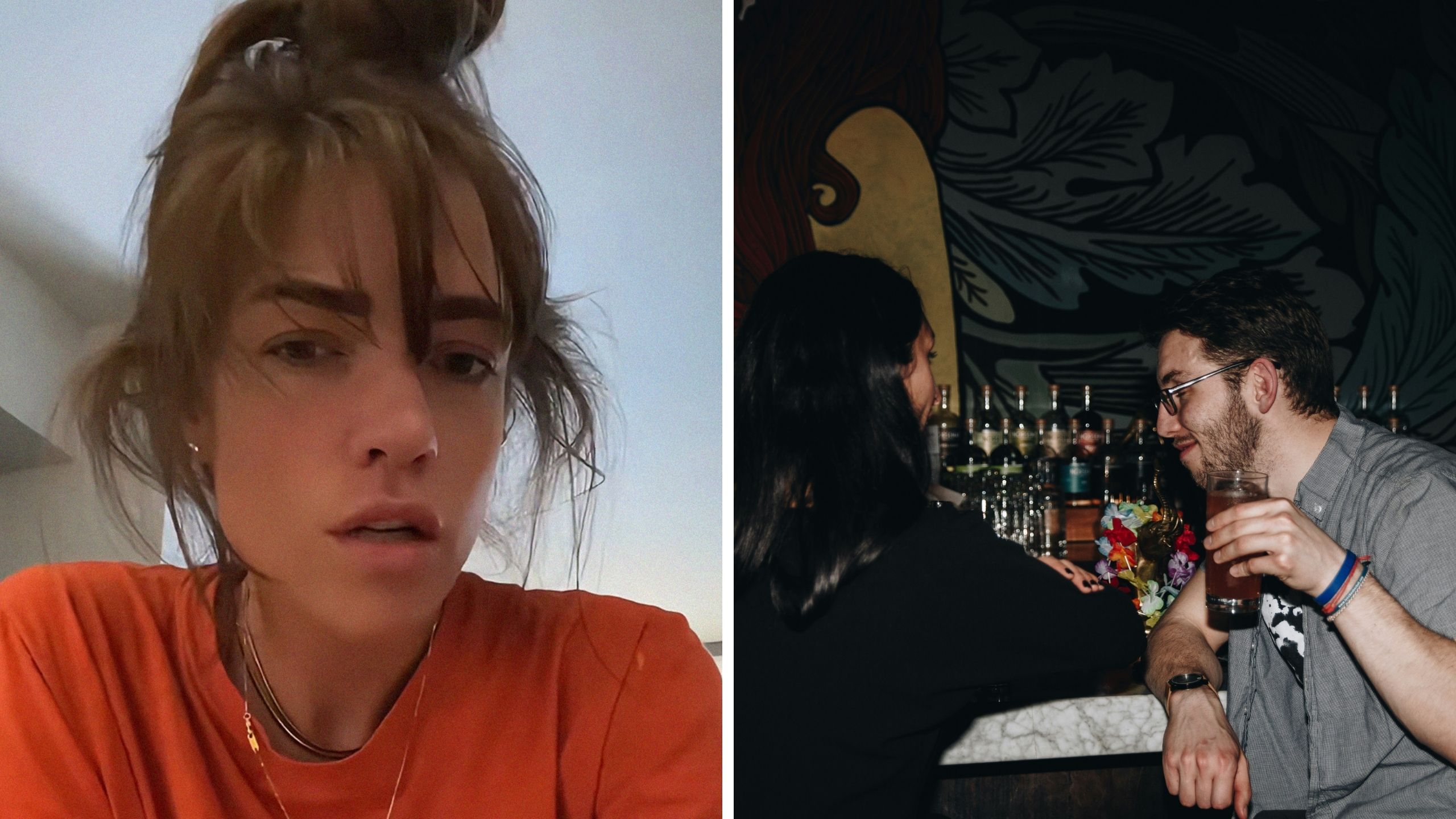 man shares meeting a guy at a bar story (l) woman and man at a bar having beer (r)