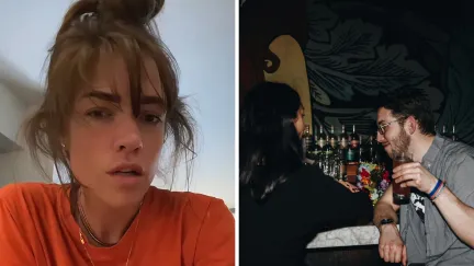 man shares meeting a guy at a bar story (l) woman and man at a bar having beer (r)