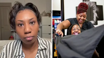 woman shares salon experience (l) woman at hair salon (r)