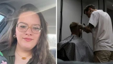 woman shares dating story (l) man getting a haircut (r)