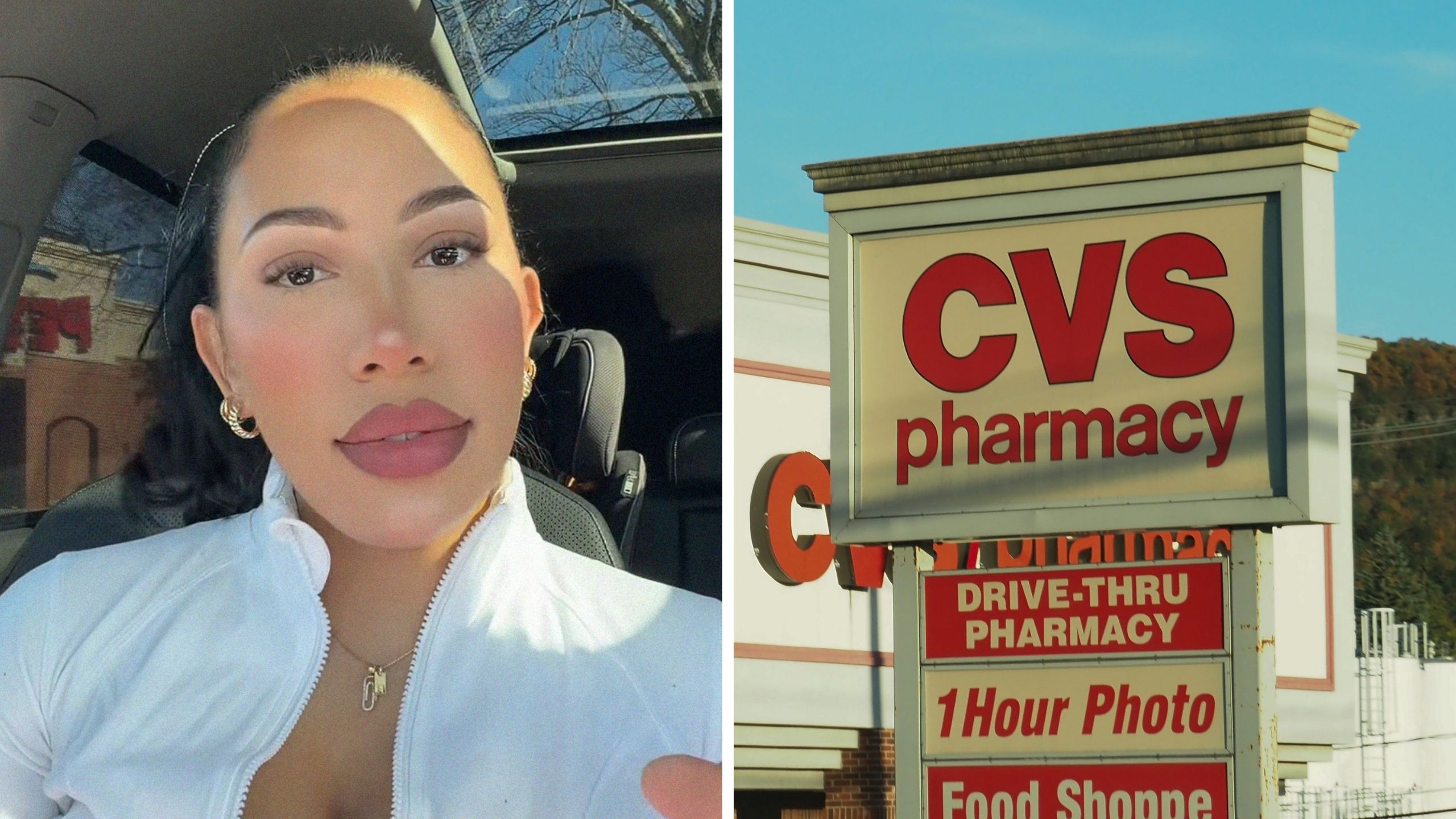 woman shares shopping experience (l) CVS storefront (r)