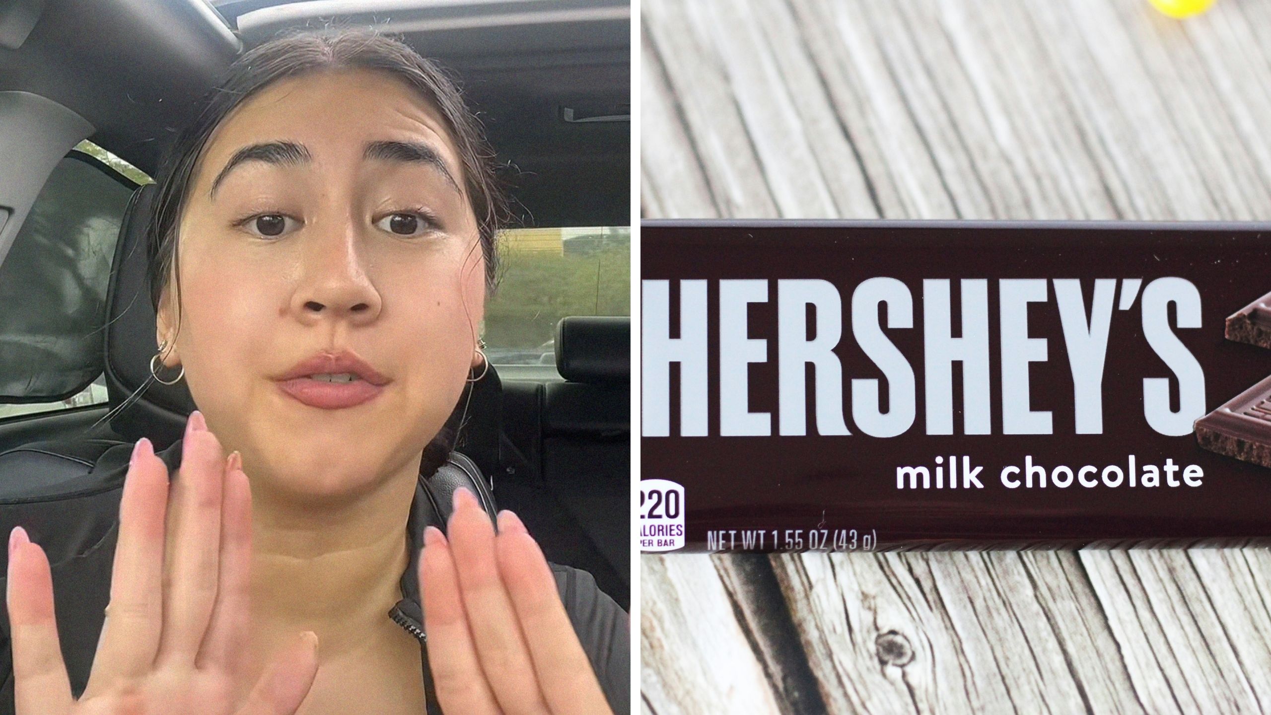 woman tries to melt chocolate bar (l) Hershey's chocolate bar (r)