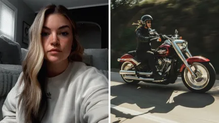 woman shares highway issue (l) Bike driver on the high way (r)