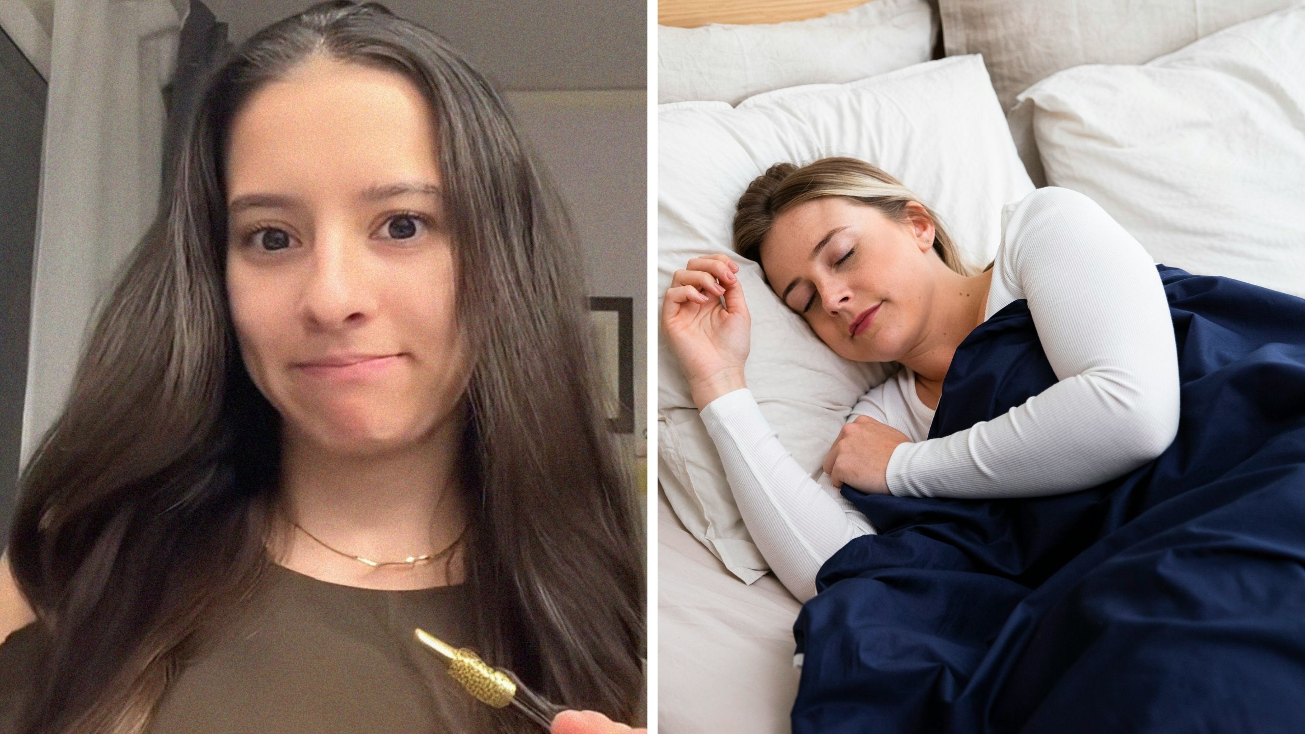 woman shares heating blanket effect (l) woman sleeping with heated blanket (r)