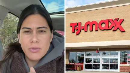woman shares shopping hack (l) T.J. maxx storefront (r)