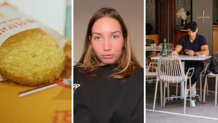 hash browns (l) woman shares how she flirts (c) man eating out (r)