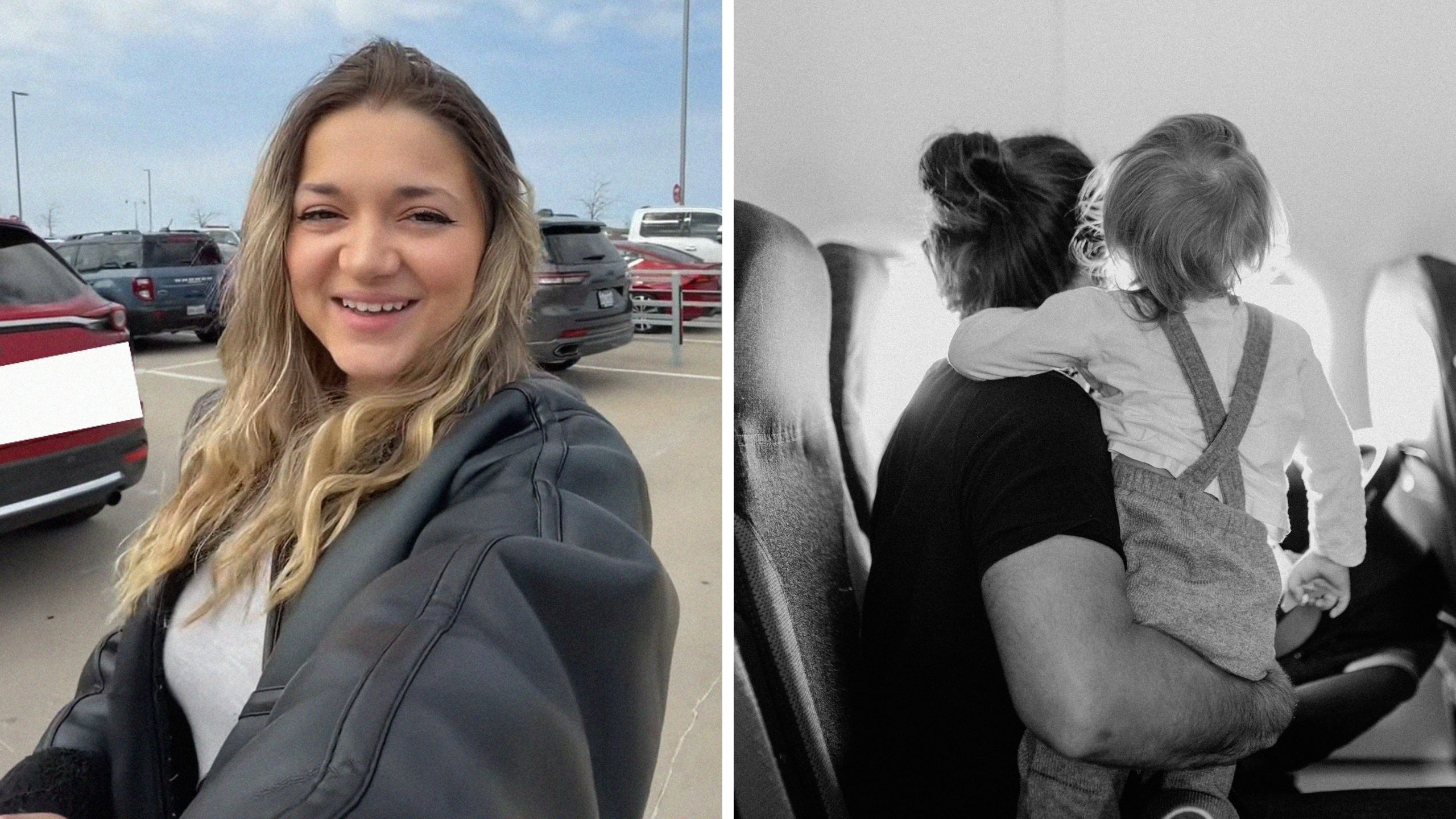 woman shares flight experience (l) woman with baby in flight (r)