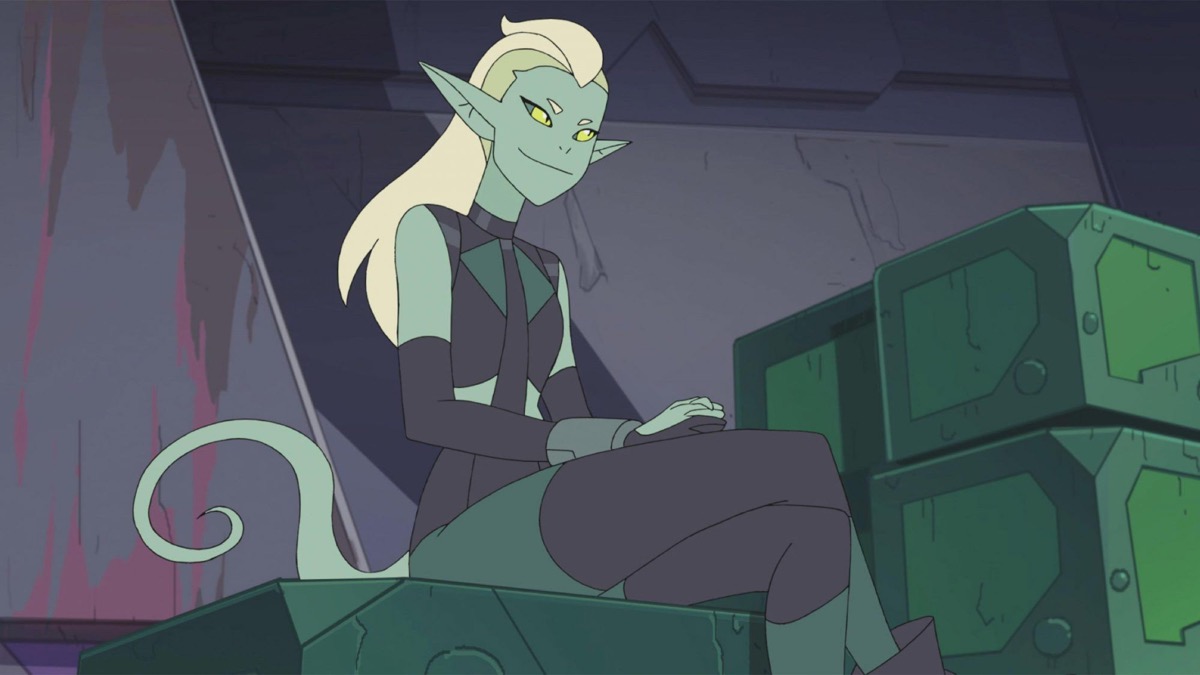 A lizardlike humanoid sits smugly on a crate in She-Ra and the Princesses of Power