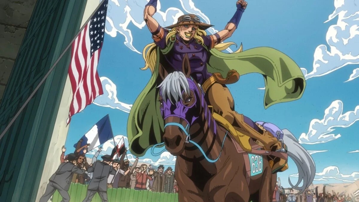 A man riding a horse raises his fists in triumph in "Jojo's Bizarre Adventure: Steel Ball Run"