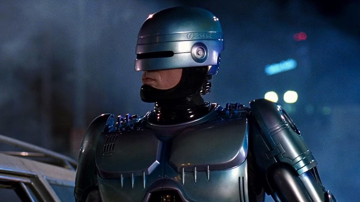 A police robot scans the city in "Robocop"