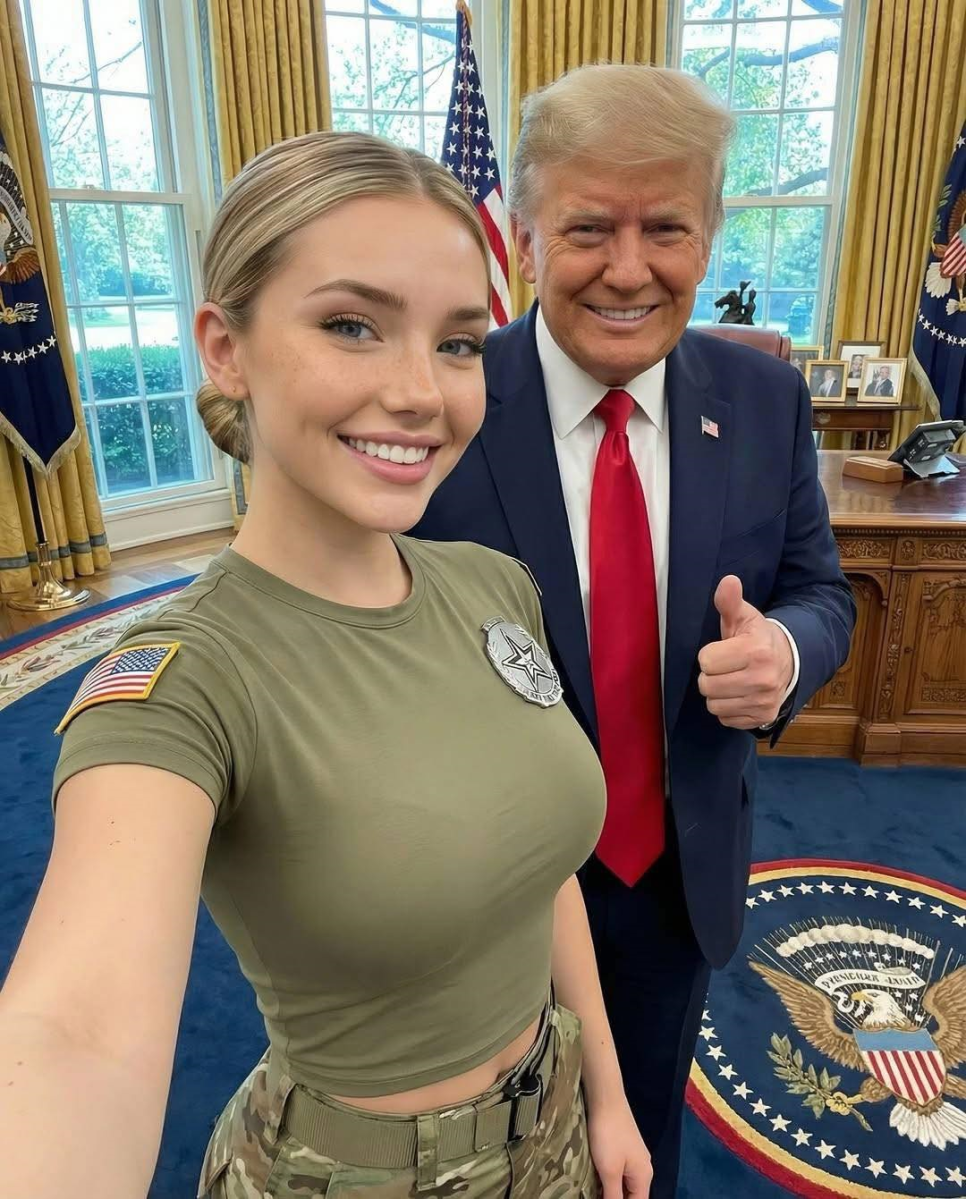 AI influencer Jessica Foster with President Trump at the Oval Office