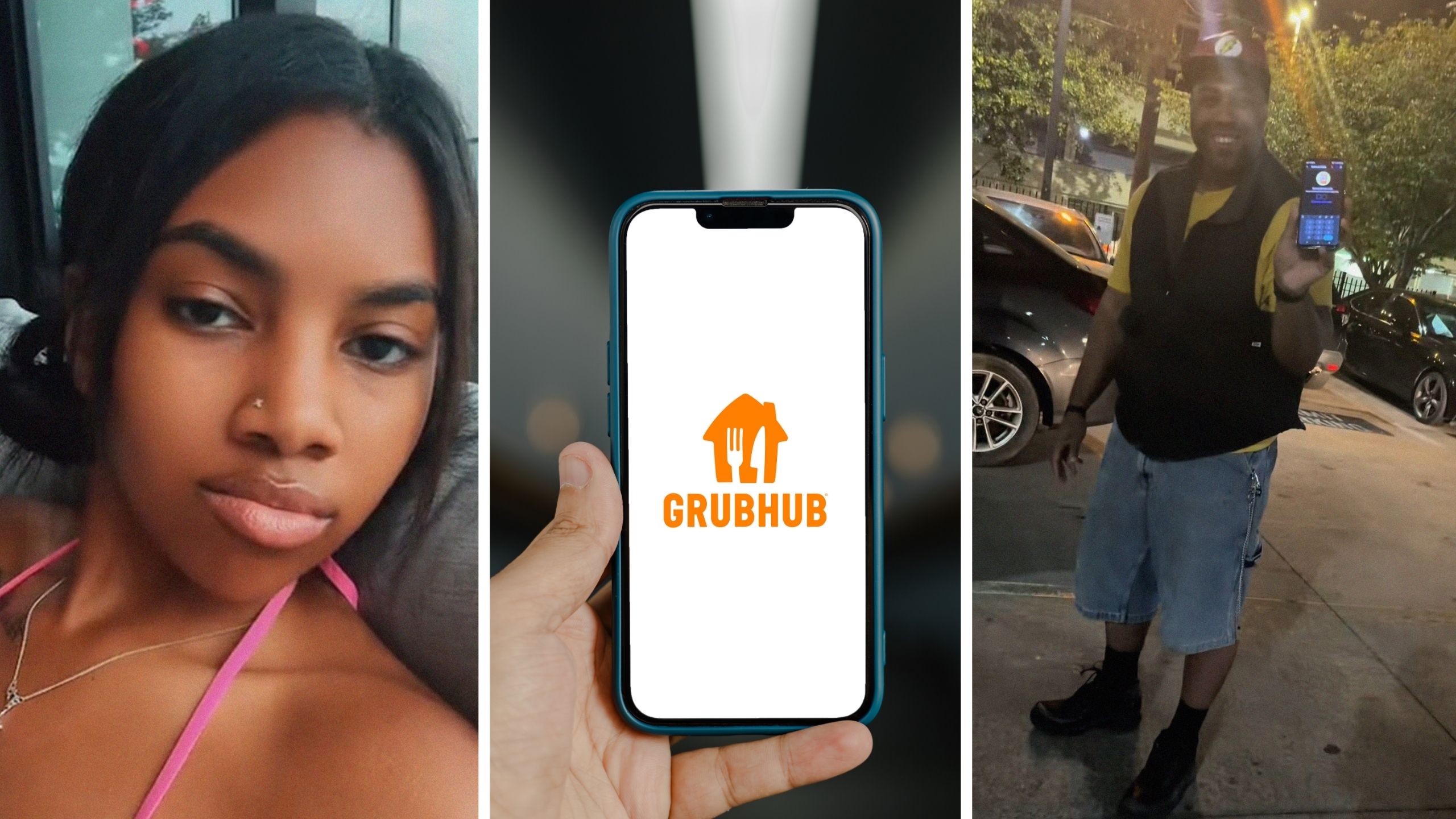 woman shares Grubhub experience (l) Grubhub app (c) delivery guy (r)