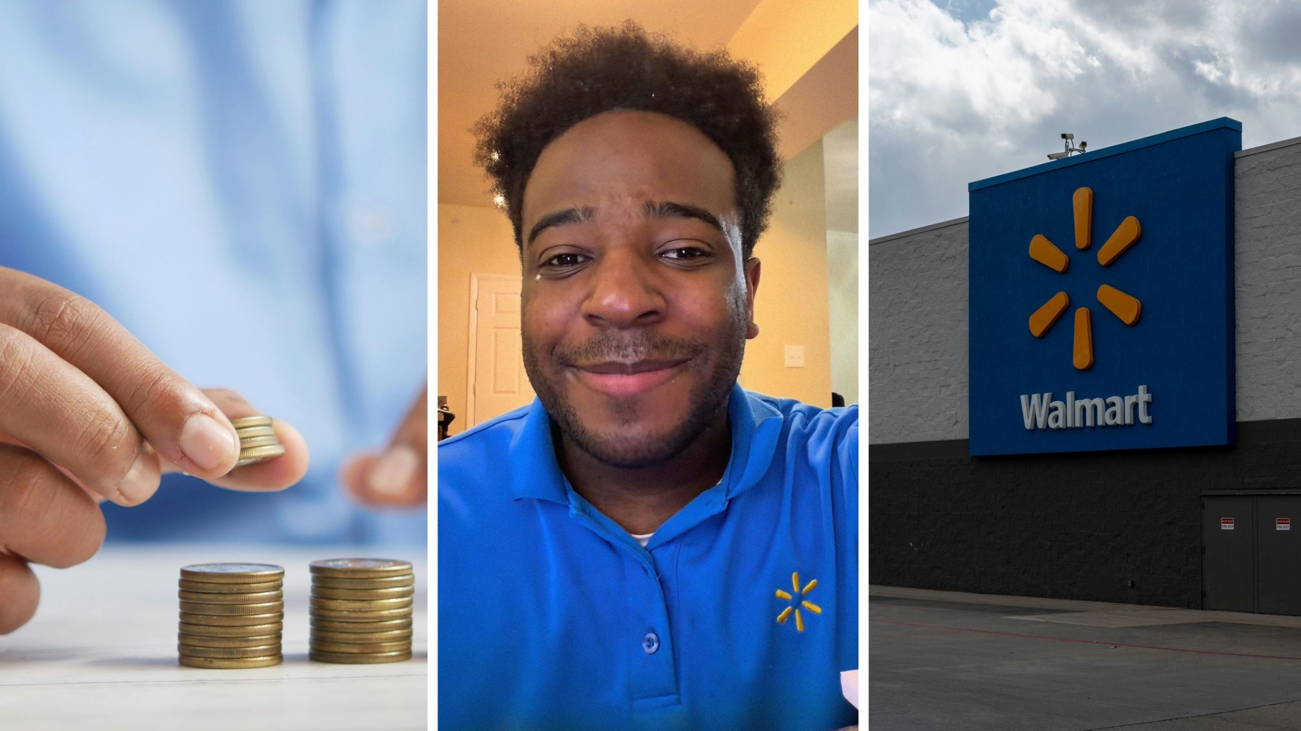 man counting his raise (l) man who works at walmart shares his pay raise (c) walmart storefront (r)