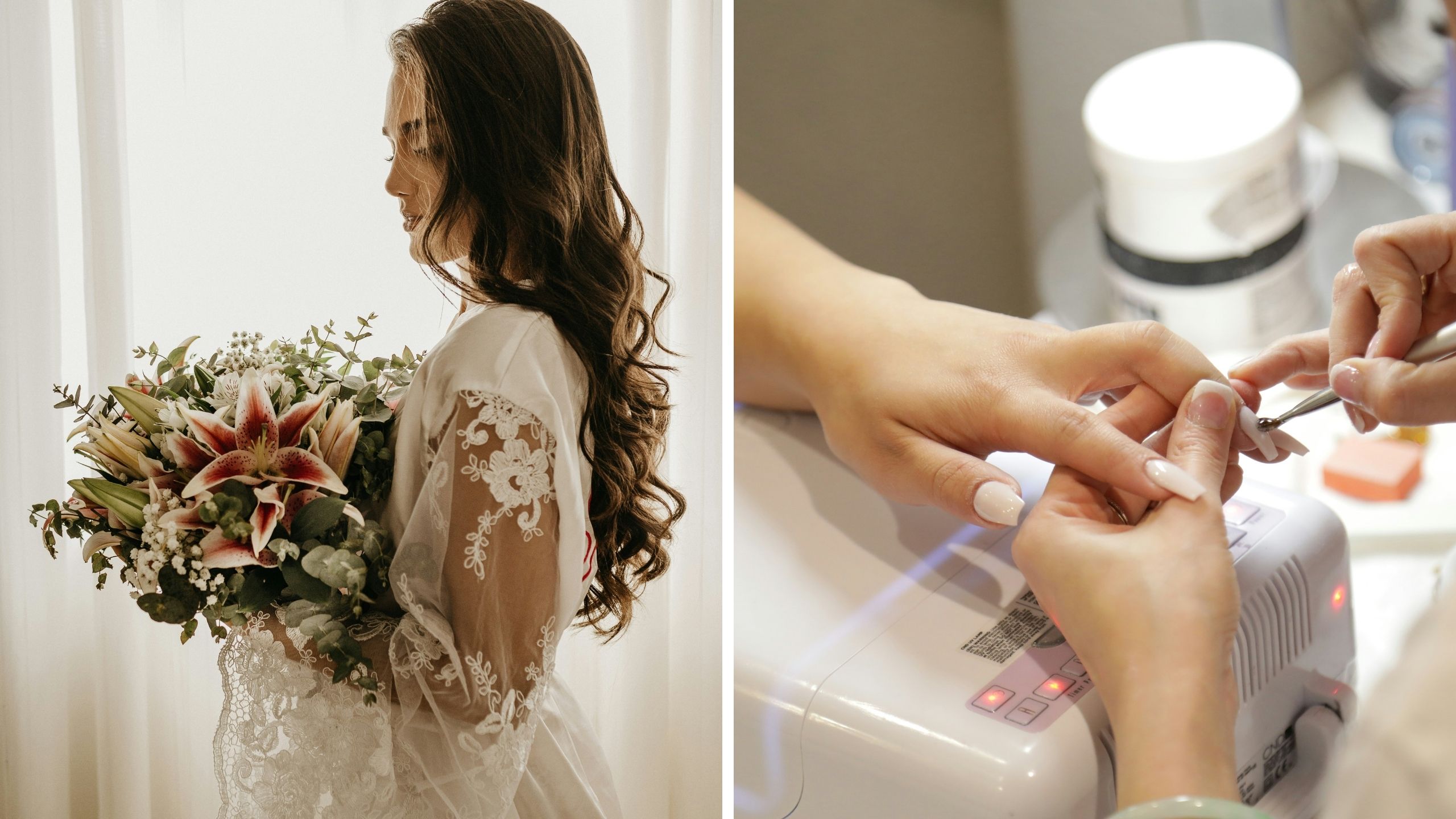 bride moments before her wedding (l) bride getting nails done (r)