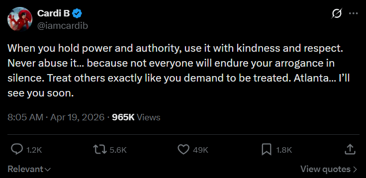 Cardi B posts about her State Farm Arena experience on X