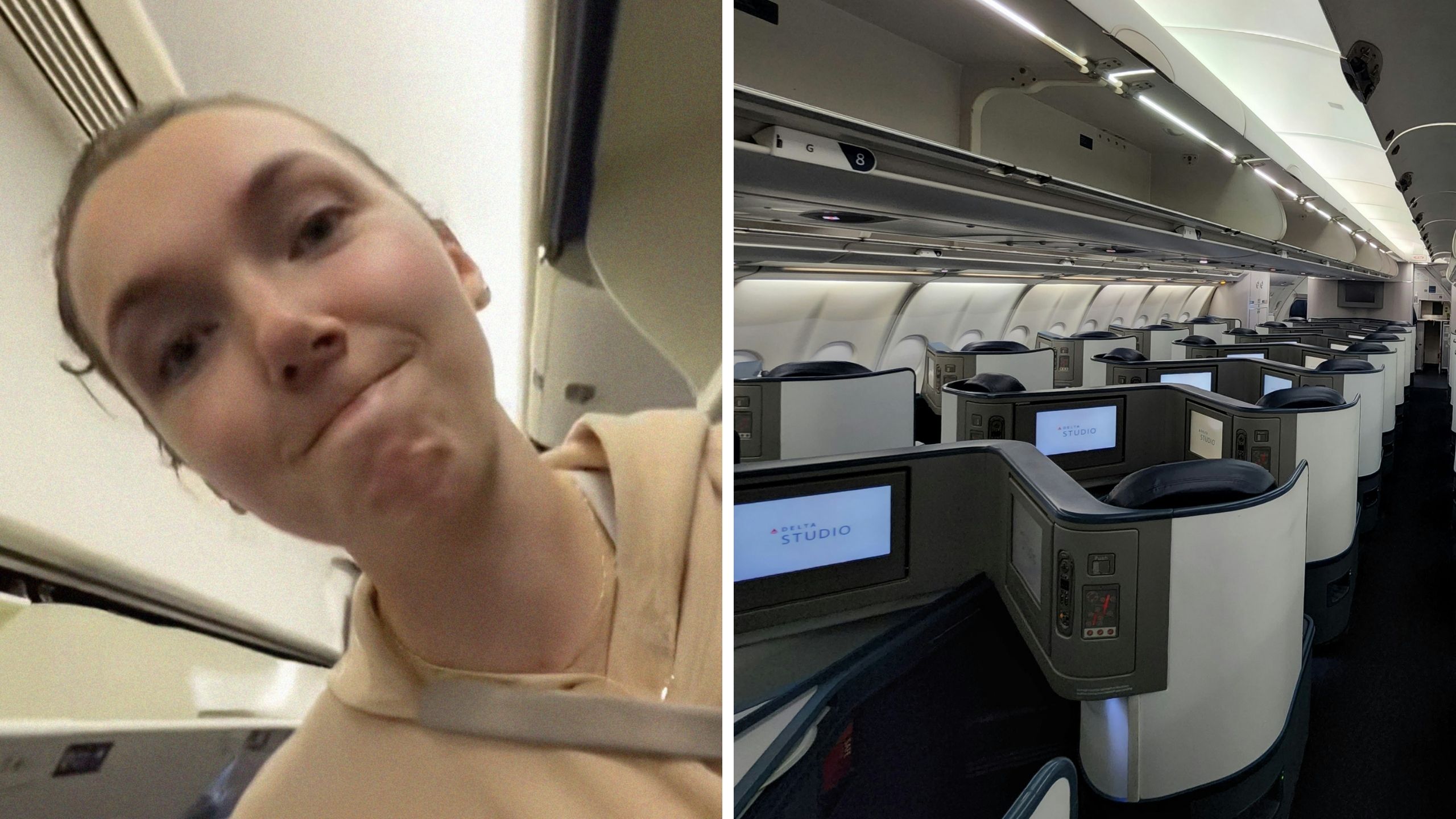 woman shares flight experience (l) first class seats (r)