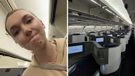 woman shares flight experience (l) first class seats (r)