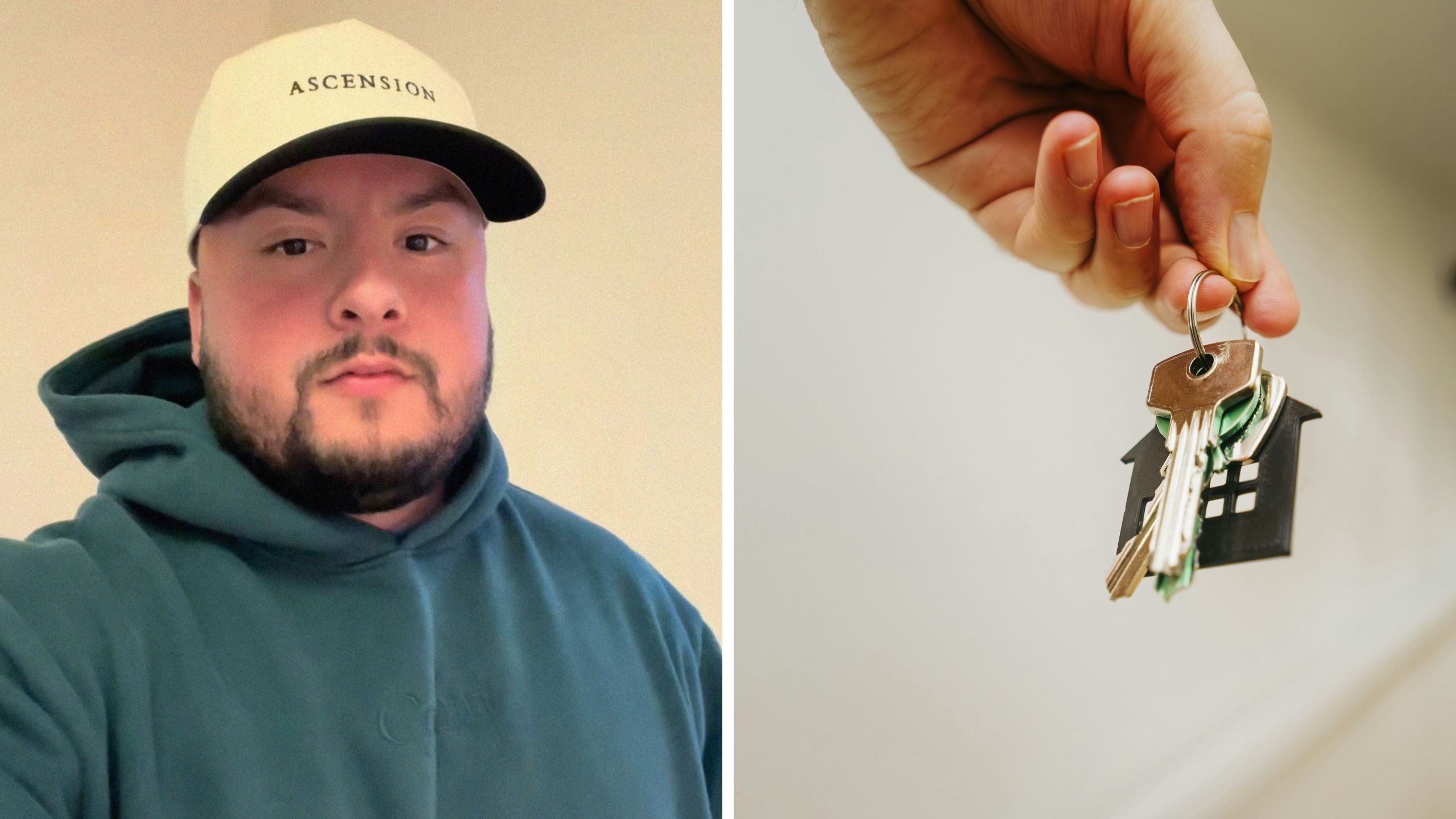 man shares new home purchase surprise (l) keys to new home (r)