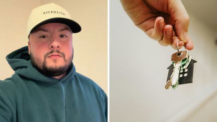 man shares new home purchase surprise (l) keys to new home (r)