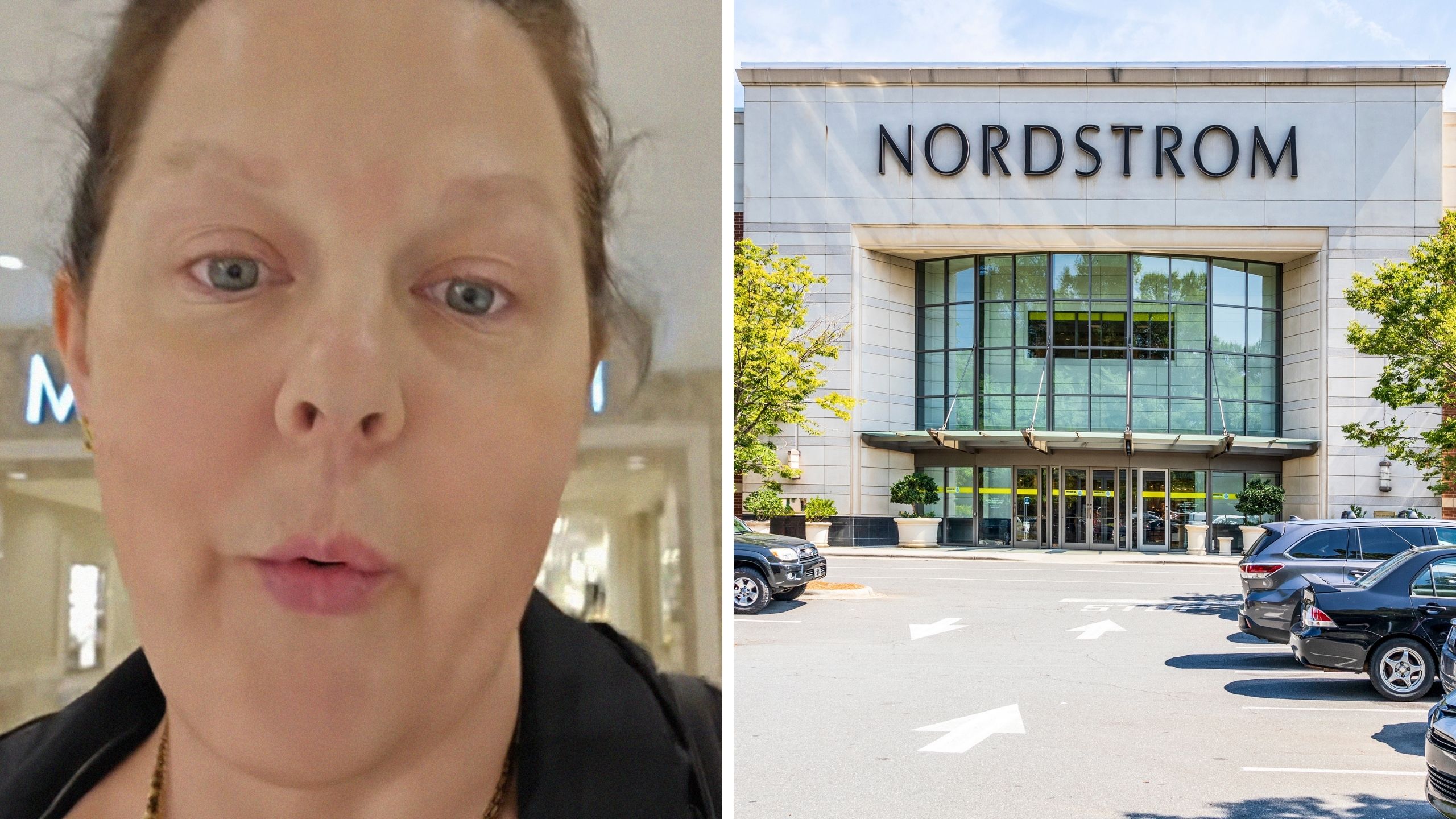 woman shares purchase issue (l) Nordstrom storefront (r)