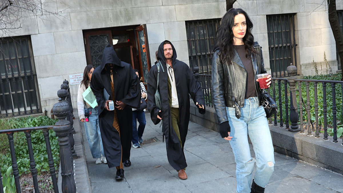 Mike Colter, Finn Jones and Krysten Ritter are seen on the set of "Daredevil: Born Again" in Brooklyn on April 03, 2026 in New York City.