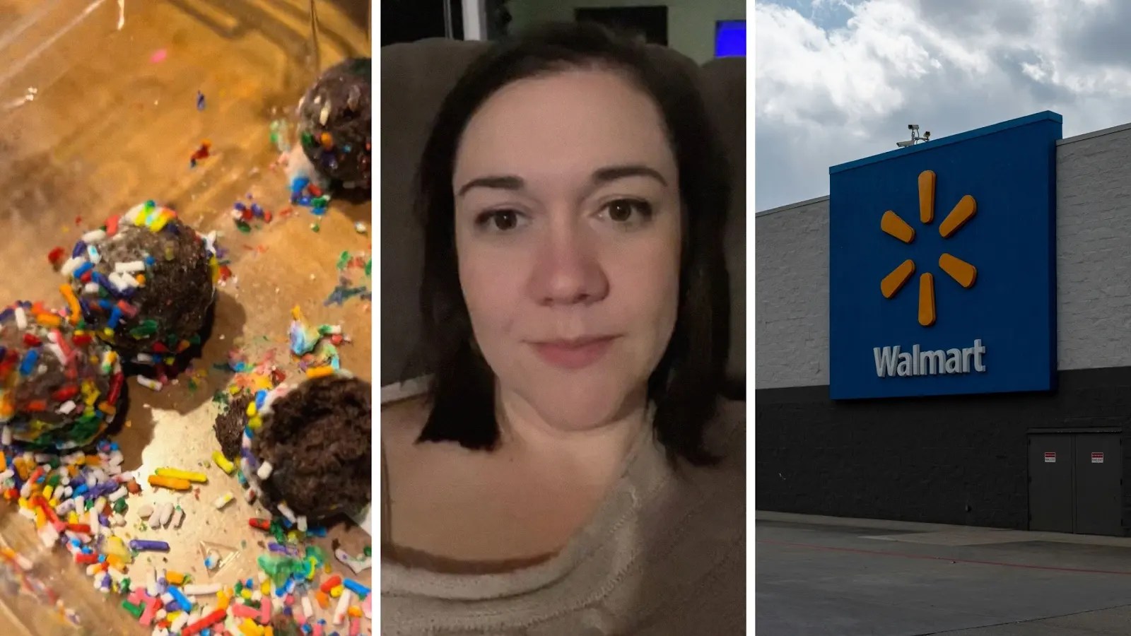 donut holes (l) woman shares purchase issue (c) walmart storefront (r)