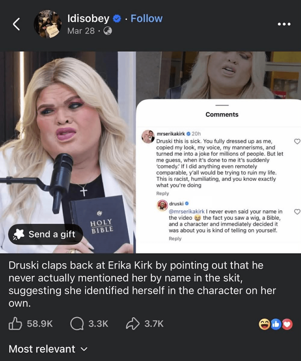 Druski and Erika Kirk allegedly feuds online