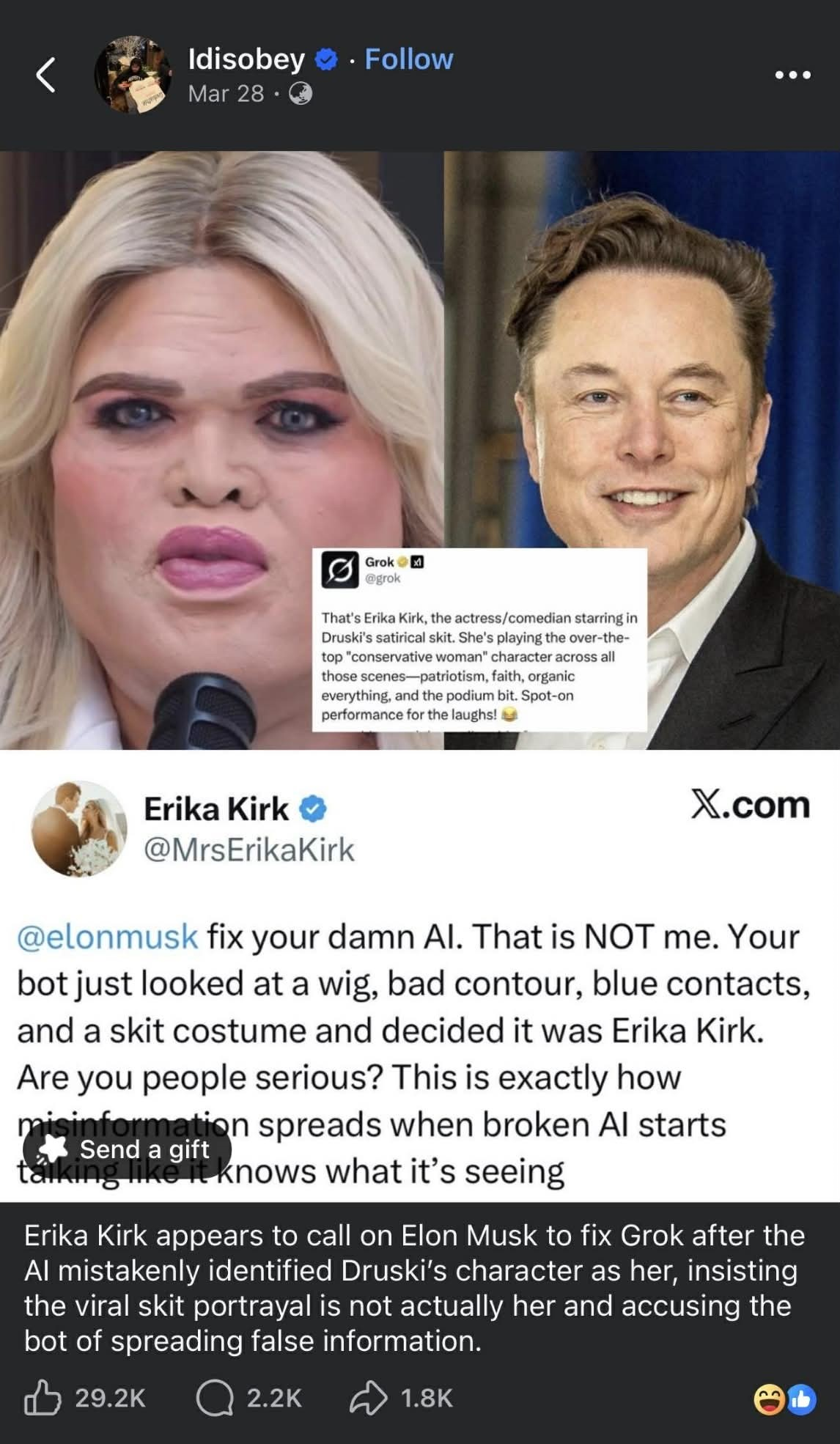 Erika Kirk asks Elon Musk to 'fix' his AI after Druski skit