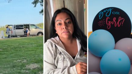 Gender Reveal decorators (l) woman shares park encounter (c) Gender reveal balloons (r)