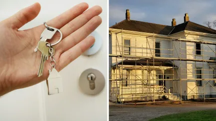 keys to new home (l) house under construction (r)