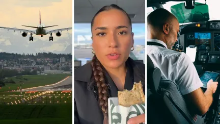flight heading out (l) woman shares flight issue (c) pilot shares plane issue (r)