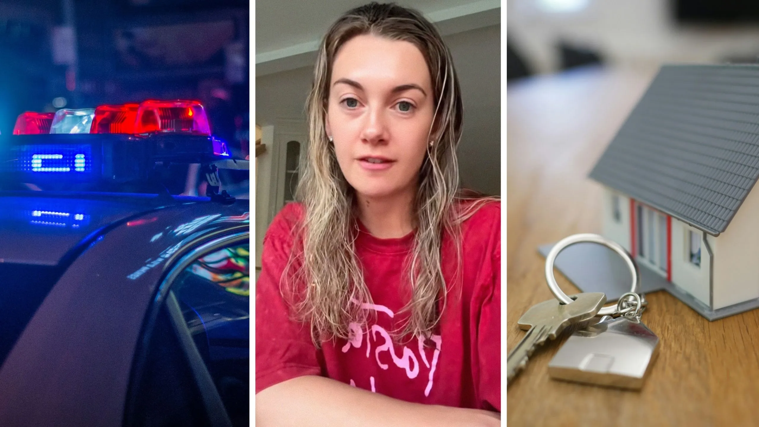police car (l) woman shares new house issue (c) new home keys (r)