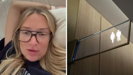 woman shares day in the job (l) bathroom sign (r)