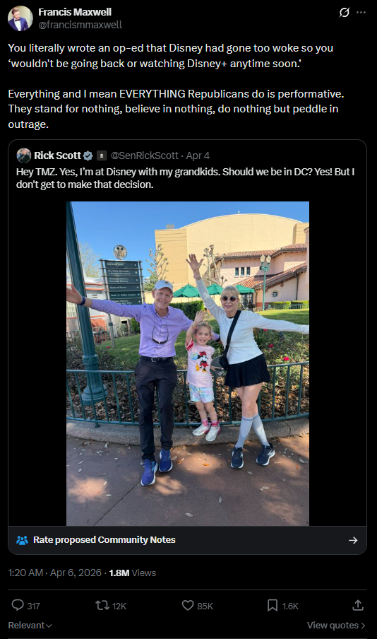 Francis Maxwell criticizes Sen. Rick Scott for going to Disney World