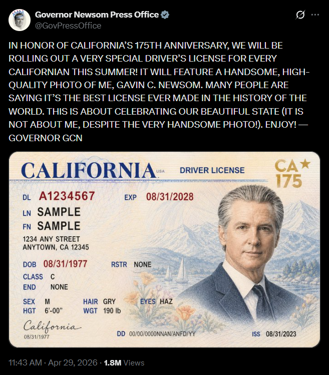 Gavin Newsom memes Trump passport by issuing his special California driver's license